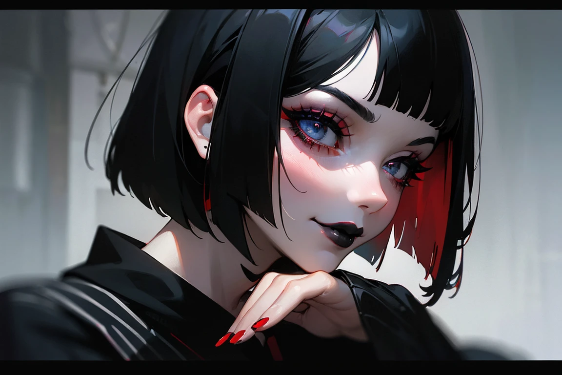 (masterpiece, best quality, Full HD), extreme close up, tilted angle, side view, woman portrait, gothic, bob cut black hair, black bands with red stripes, gothic make up, black lipstick, black eyelashes, doctor white coat, bokeh, blur, smirk