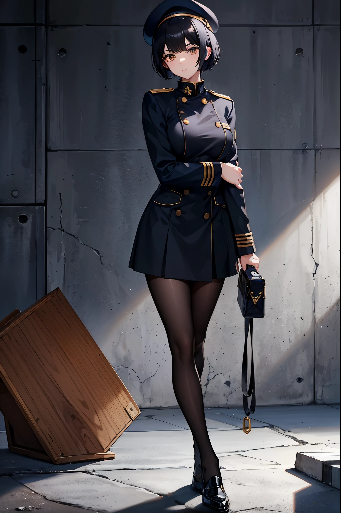 1woman, short black hair, gold eyes, navy academy uniform, beret, standing on ground, high res, ultra sharp, 8K, masterpiece