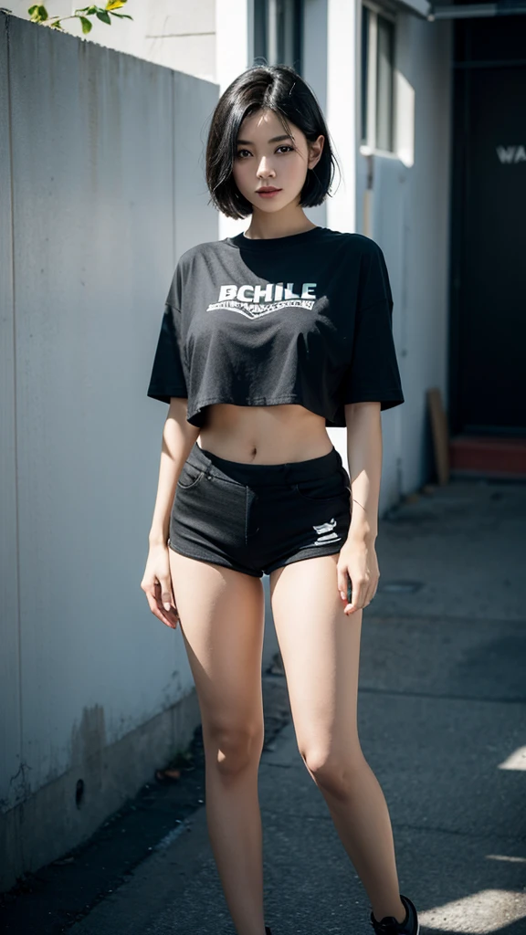 masterpiece,best quality, 1girl, solo, adult, black hair, short hair, black eyes, black crop t-shirt, shorts, (large breasts), standing infront of viewer