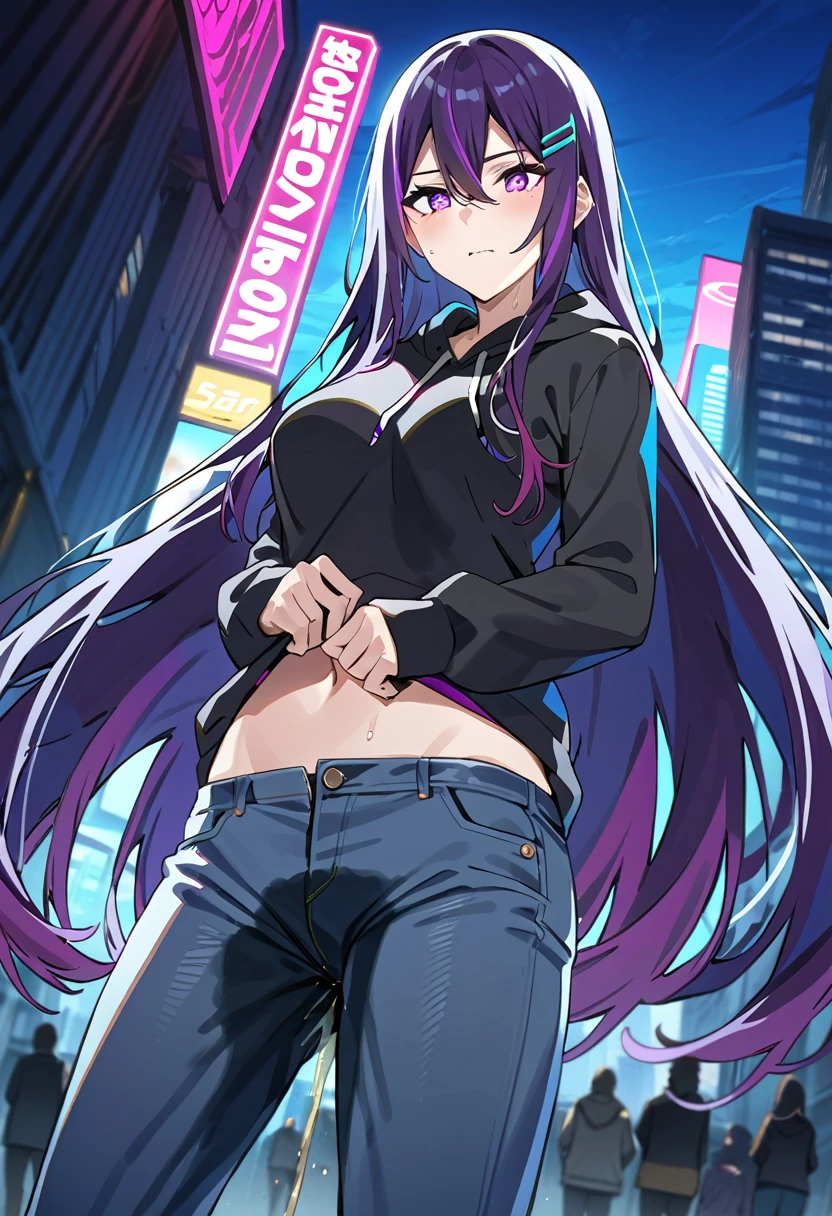 (masterpiece:1.37), best quality, (extremely detailed:1.37), woman, (very long hair:1.5), dark purple hair, purple eyes, (extremely detailed eyes:1.37), hoodie, navel, jeans, open fly, desperation, (wetting: self 3.0), standing, city, futuristic, neon lighting, high-tech