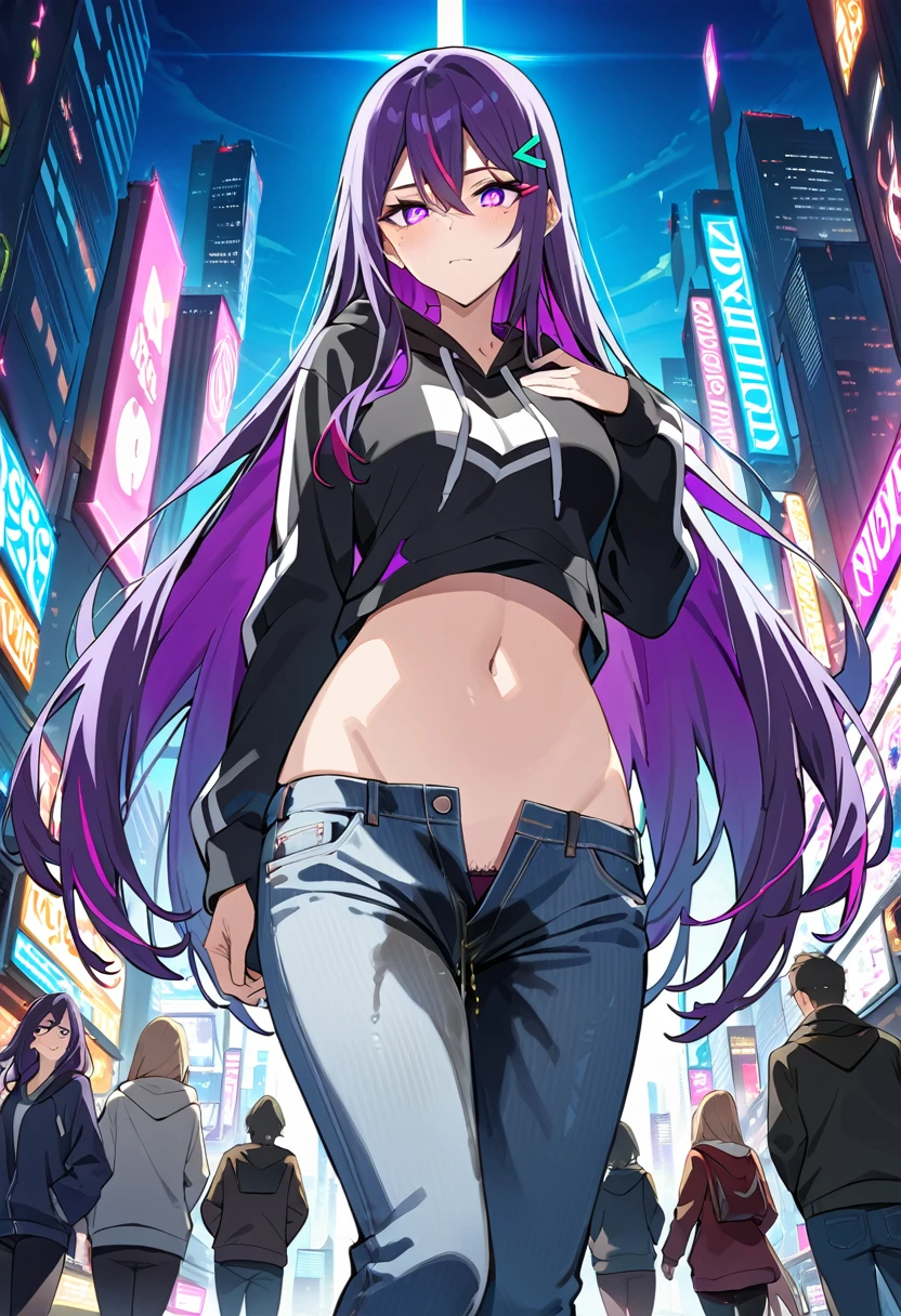 (masterpiece:1.37), best quality, (extremely detailed:1.37), woman, (very long hair:1.5), dark purple hair, purple eyes, (extremely detailed eyes:1.37), hoodie, navel, jeans, open fly, desperation, (wetting: self 3.0), standing, city, futuristic, neon lighting, high-tech