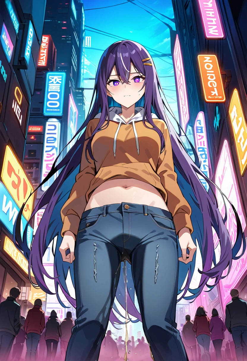 (masterpiece:1.37), best quality, (extremely detailed:1.37), woman, (very long hair:1.5), dark purple hair, purple eyes, (extremely detailed eyes:1.37), hoodie, navel, jeans, open fly, desperation, (wetting: self 3.0), standing, city, futuristic, neon lighting, high-tech