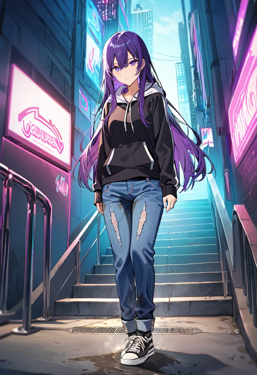 (masterpiece:1.37), best quality, (extremely detailed:1.37), woman, (very long hair:1.5), dark purple hair, purple eyes, (extremely detailed eyes:1.37), hoodie, navel, jeans, open fly, desperation, (wetting: self 3.0), standing, city, futuristic, neon lighting, high-tech