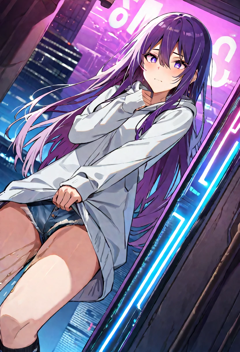 (masterpiece:1.37), best quality, (extremely detailed:1.37), woman, (very long hair:1.5), dark purple hair, purple eyes, (extremely detailed eyes:1.37), hoodie, navel, jeans, open fly, desperation, (wetting: self 3.0), standing, city, futuristic, neon lighting, high-tech