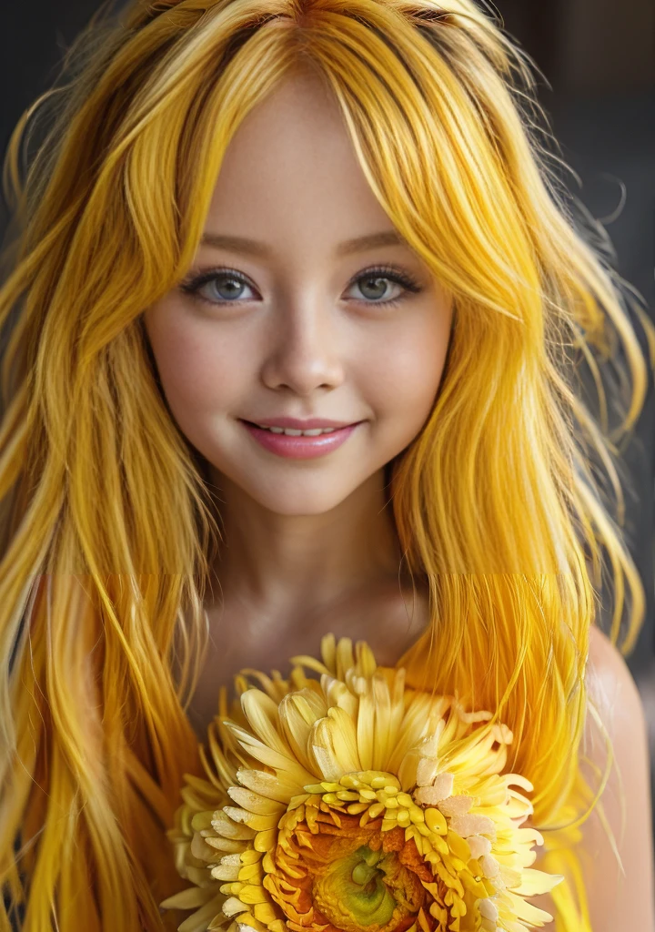 chibi style masterpiece,best quality,bellissima,1girl, solo, half body, yellow hair, cute, adorable, bright colors, cheerful, highly detailed, smile
