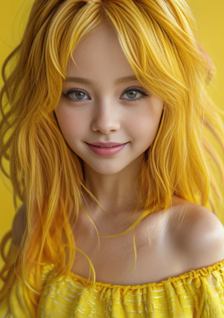 chibi style masterpiece,best quality,bellissima,1girl, solo, half body, yellow hair, cute, adorable, bright colors, cheerful, highly detailed, smile