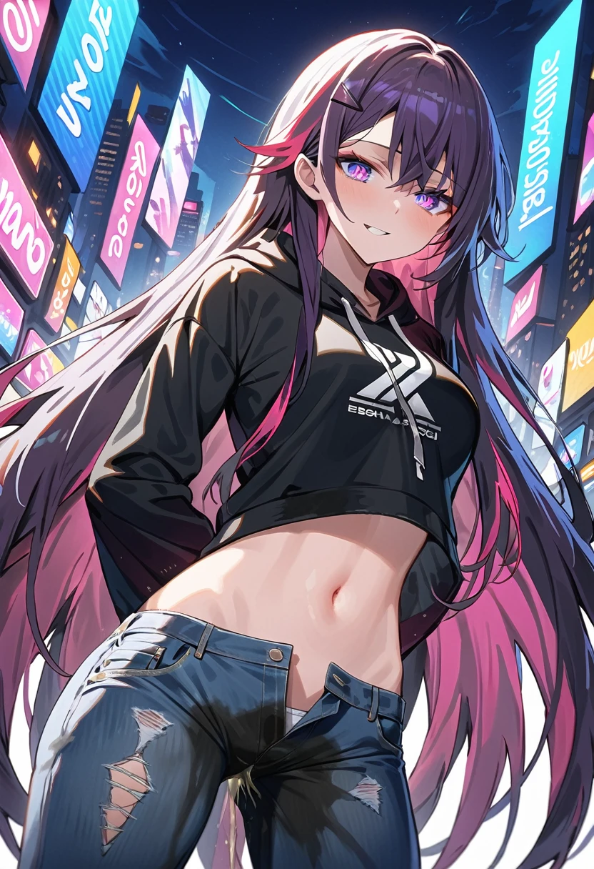 (masterpiece:1.37), best quality, (extremely detailed:1.37), woman, (very long hair:1.5), dark purple hair, purple eyes, (extremely detailed eyes:1.37), hoodie, navel, jeans, open fly, desperation, (wetting: self 3.0), standing, city, futuristic, neon lighting, high-tech