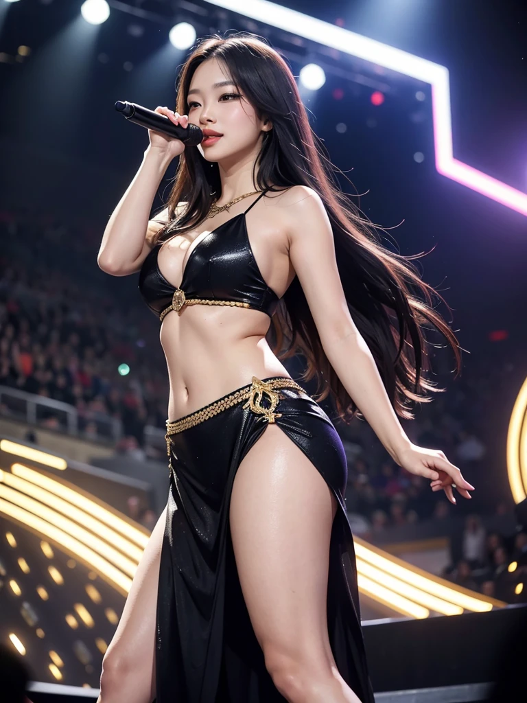 Jennie Kim dominates the circular center stage, bathed in vibrant lights. The crowd roars in applause as she begins her performance of "Shut Down". Jennie wears a glittering black and gold ensemble, inspired by the aesthetics of music. Jennie executes each movement with precision and fluidity, Transmitting confidence and charisma. Her full lips curve into a radiant smile as she sings to her fans. Her eyes shine with love and gratitude as she interacts with the crowd.. Emphasize Jennie&#39;s facial expressions, Conveying your confidence, love and happiness. Capture Jennie&#39;s natural beauty, including your full lips and radiant smile. Show the connection between Jennie and her fans, creating an exciting and contagious atmosphere. You can include other Blackpink members in the background, supporting Jennie and intensifying the energy of the scene. Add dynamic visual effects, like confetti or explosions of light, to increase performance impact. Use vibrant, contrasting colors to create an attractive and memorable visual aesthetic.