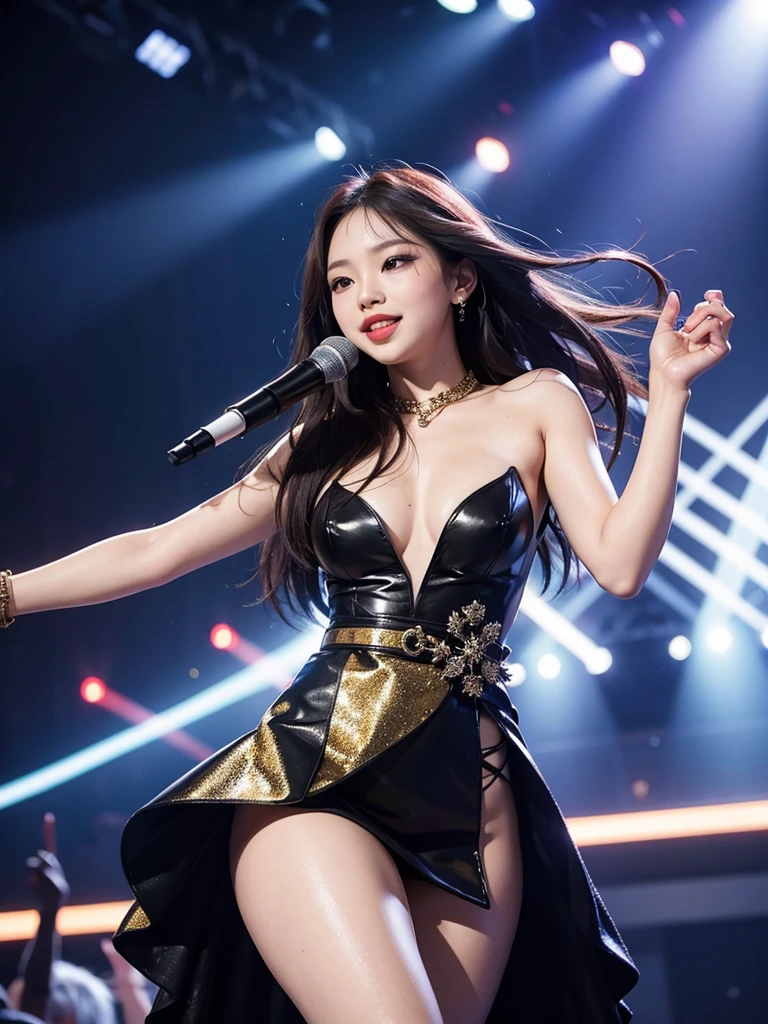 Jennie Kim dominates the circular center stage, bathed in vibrant lights. The crowd roars in applause as she begins her performance of "Shut Down". Jennie wears a glittering black and gold ensemble, inspired by the aesthetics of music. Jennie executes each movement with precision and fluidity, Transmitting confidence and charisma. Her full lips curve into a radiant smile as she sings to her fans. Her eyes shine with love and gratitude as she interacts with the crowd.. Emphasize Jennie's facial expressions, Conveying your confidence, love and happiness. Capture Jennie's natural beauty, including your full lips and radiant smile. Show the connection between Jennie and her fans, creating an exciting and contagious atmosphere. You can include other Blackpink members in the background, supporting Jennie and intensifying the energy of the scene. Add dynamic visual effects, like confetti or explosions of light, to increase performance impact. Use vibrant, contrasting colors to create an attractive and memorable visual aesthetic.
