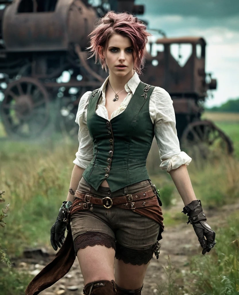 (((high resolution))), (((extremely detailed))), ((masterpiece)), dramatic shadows, depth of field, analog photo style, (world in which are collide steampunk and postapocalyptic vibes), postapocalyptic cute female in steampunk torn dirty clothes, looks like Aerith Gainsborough, depth of field, full body shot, unzoomed, (perfect body: 1.4), (sidecut short hairstyle), (stalking is quite common, although not the best way to make a living), looks interested, stylized atmosphere of unreality, dark aesthetic, dynamic pose, in motion, Armageddon, increase cinematic lighting, highly lifelike skin texture, parted lips, weary eyes, fine eyes, whitened skin, random hair colour, doomsday aura,