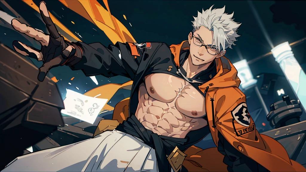Perfect anatomy and highly detailed face, Delicate depiction of the eyes, Accurate drawing, Beautiful Hair, Detailed Background, Edgy, A drawing of a single male human, The subject is only men in their late 20s, Red hoodie and black pants, Warm, loose-fitting clothing, , A casual fashion style where you wrap your jacket around your waist, Tanned or deep brown skin, Her distinctive white or silver hair is tied in a short ponytail., He wears his distinctive trademark thick black-rimmed glasses., Mafia with a cynical smile, A Villain with a Very Deep Wound, A sarcastic man with a malicious smile, A young man with narrowed eyes smiling, I have inner loneliness, Deep down, I feel like life is hard, Jealousy and envy towards successful people, The insight and resignation that come from hard work and failure, Perverse Desperation,