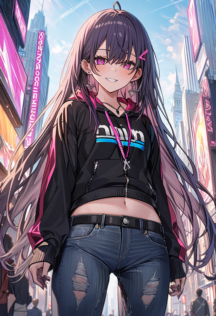 (masterpiece:1.37), best quality, (extremely detailed:1.37), woman, (very long hair:1.5), dark purple hair, purple eyes, (extremely detailed eyes:1.37), hoodie, navel, jeans, open fly, desperation, (wetting: self 3.0), standing, city, futuristic, neon lighting, high-tech