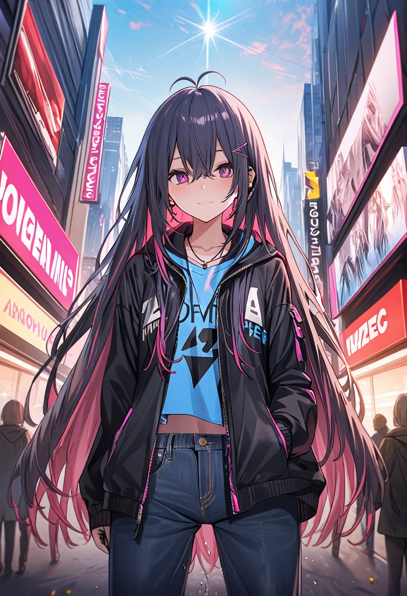 (masterpiece:1.37), best quality, (extremely detailed:1.37), woman, (very long hair:1.5), dark purple hair, purple eyes, (extremely detailed eyes:1.37), hoodie, navel, jeans, open fly, desperation, (wetting: self 3.0), standing, city, futuristic, neon lighting, high-tech