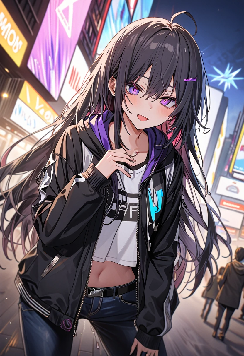 (masterpiece:1.37), best quality, (extremely detailed:1.37), woman, (very long hair:1.5), dark purple hair, purple eyes, (extremely detailed eyes:1.37), hoodie, navel, jeans, open fly, desperation, (wetting: self 3.0), standing, city, futuristic, neon lighting, high-tech