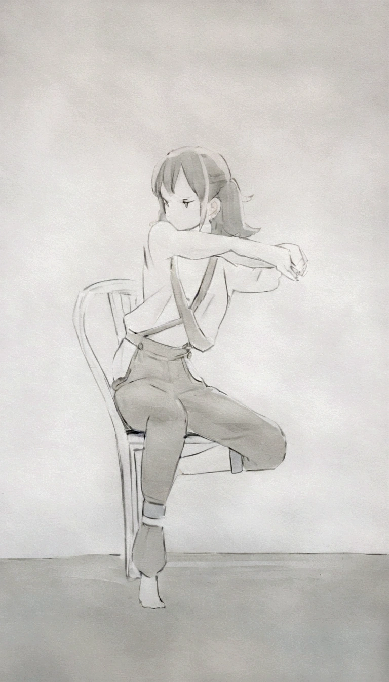 drawing of a woman in overalls sitting on a chair, pose de anime, hands behind the body pose!, character is in his natural pose, modest pose gesture, Pose distorcida, serpentine pose gesture, the anime girl is squatting, squatting pose, fighter pose, pose casual, whole body profile pose, thinking pose, whole body!! dynamic pose