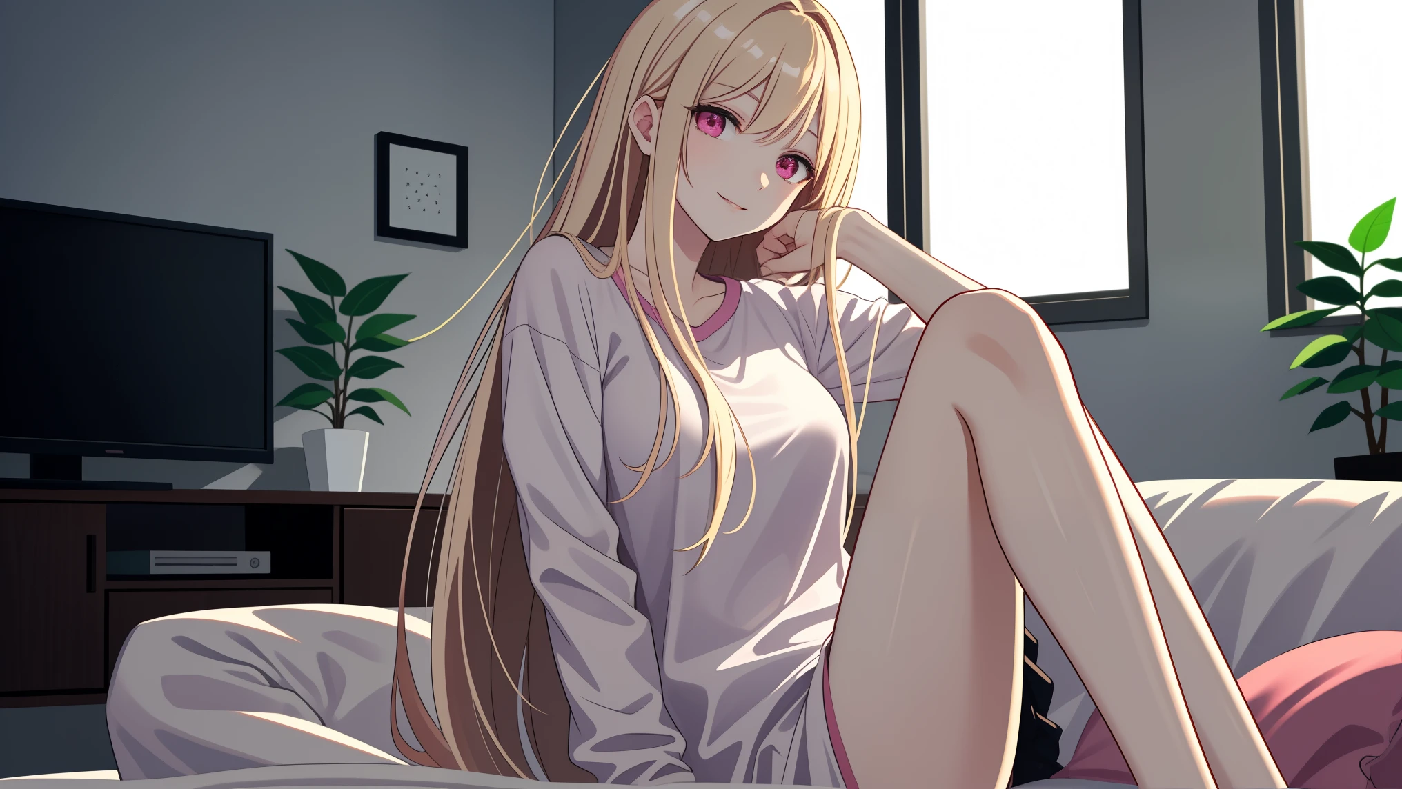 adult woman, pink eyes, long blonde hair, smile, morning, living room, casual clothes