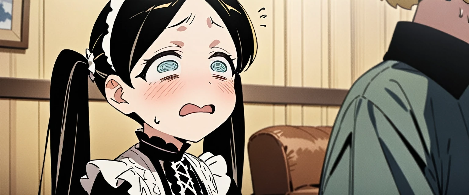 (((masterpiece,Highest quality))),(((An anime woman with black hair in twin tails, wearing Lolita fashion, with dull eyes and a sickly expression,A blonde anime guy with a bad look and rock-style fashion))),((Two people facing each other in a Western-style living room)),Focus on people,(high quality),アニメ