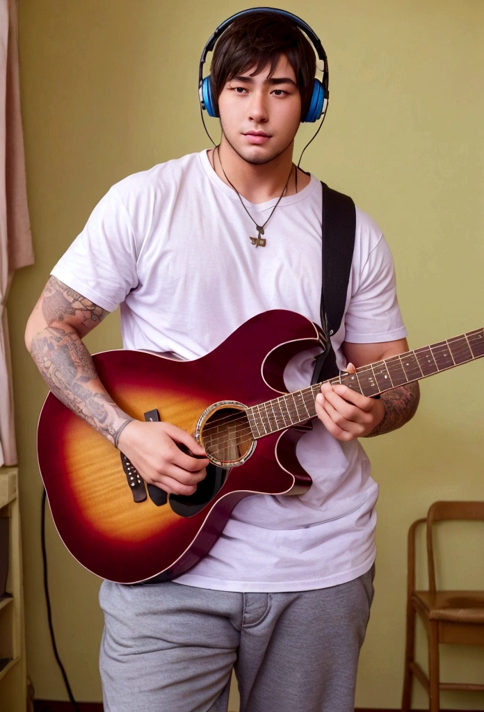 A Girl is playing an acoustic guitar in a room that looks unkempt and messy, he wears big headphones in his ears, has short hair, ((big body, stocky, muscular)), and has tattoos on his arms.
