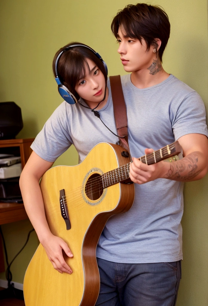 A Girl is playing an acoustic guitar in a room that looks unkempt and messy, he wears big headphones in his ears, has short hair, ((big body, stocky, muscular)), and has tattoos on his arms.
