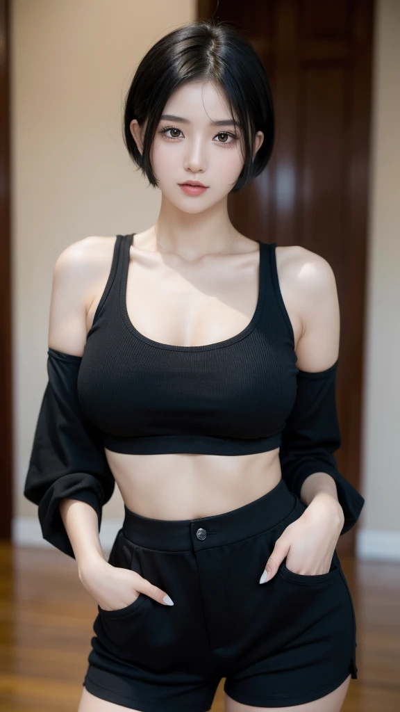 masterpiece,best quality, 1girl, solo, adult, black hair, short hair, black eyes, black crop top, shorts, large breasts, standing infront of viewer