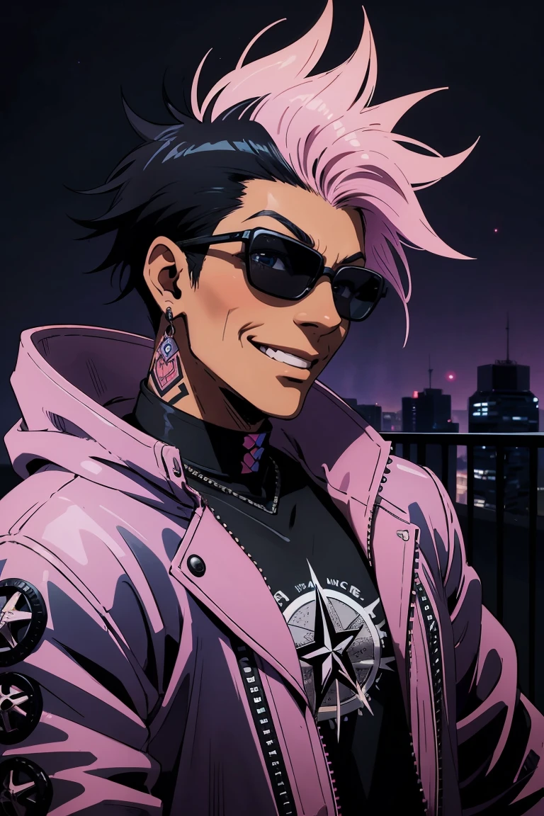 Black young man, punk clothes, cool sun glasses, punk hair, black hair, pink hair, piercings, tattoo, smile, Night, dark place, black man, dark blue eyes, rockstar