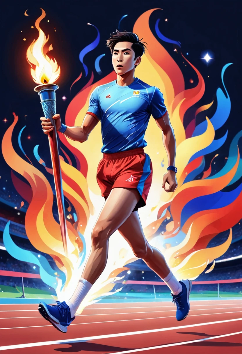 1 person, sock, sports shoes, Red shorts, Blue shirt,holding a torch，Olympic torch,geometry, Art, beautiful, rich and colorful, masterpiece, Top quality, best quality, official Art, beautiful and aesthetic, running, running track, track and field, bloom, track, Race, Asia, whole body.