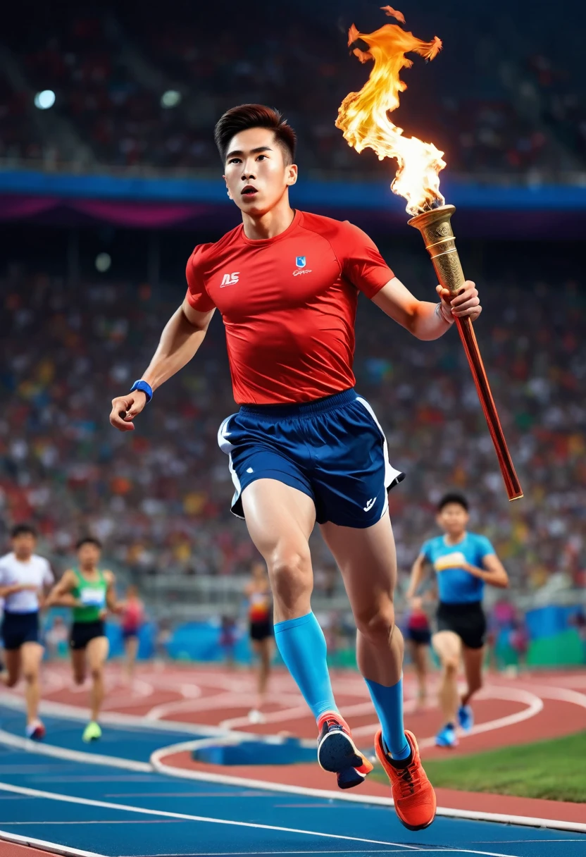 1 person, sock, sports shoes, Red shorts, Blue shirt,holding a torch，Olympic torch,geometry, Art, beautiful, rich and colorful, masterpiece, Top quality, best quality, official Art, beautiful and aesthetic, running, running track, track and field, bloom, track, Race, Asia, whole body.