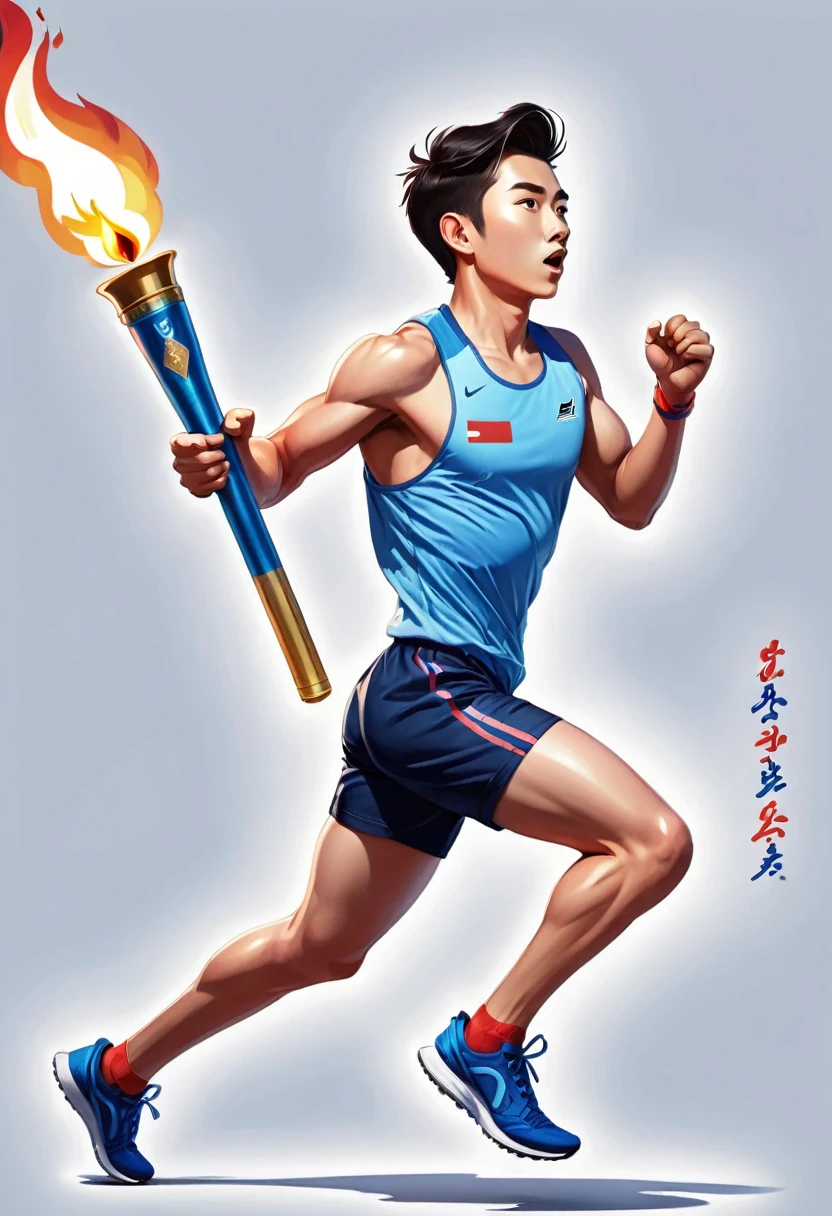 1 person, sock, sports shoes, Red shorts, Blue shirt,holding a torch,Olympic torch,geometry, Art, beautiful, rich and colorful, masterpiece, Top quality, best quality, official Art, beautiful and aesthetic, running, running track, track and field, bloom, track, Race, Asia, whole body.
