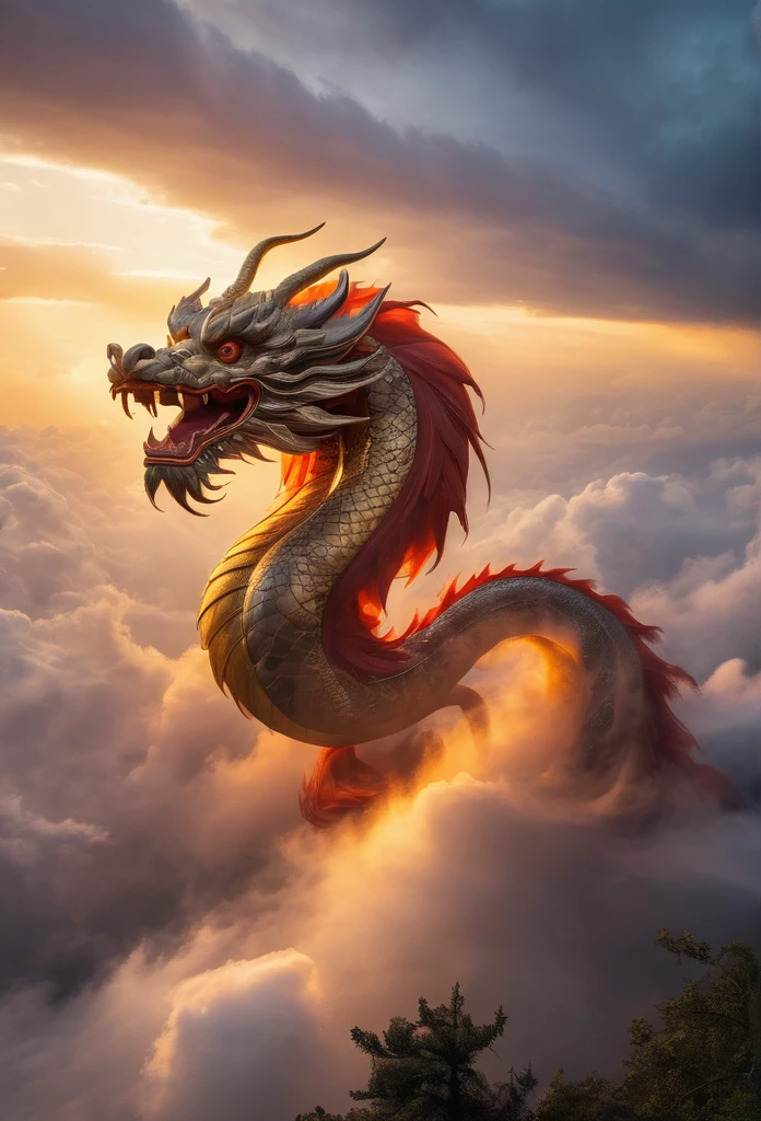 Cloud that looks like a Chinese Dragon illuminated by the rays of the setting sun