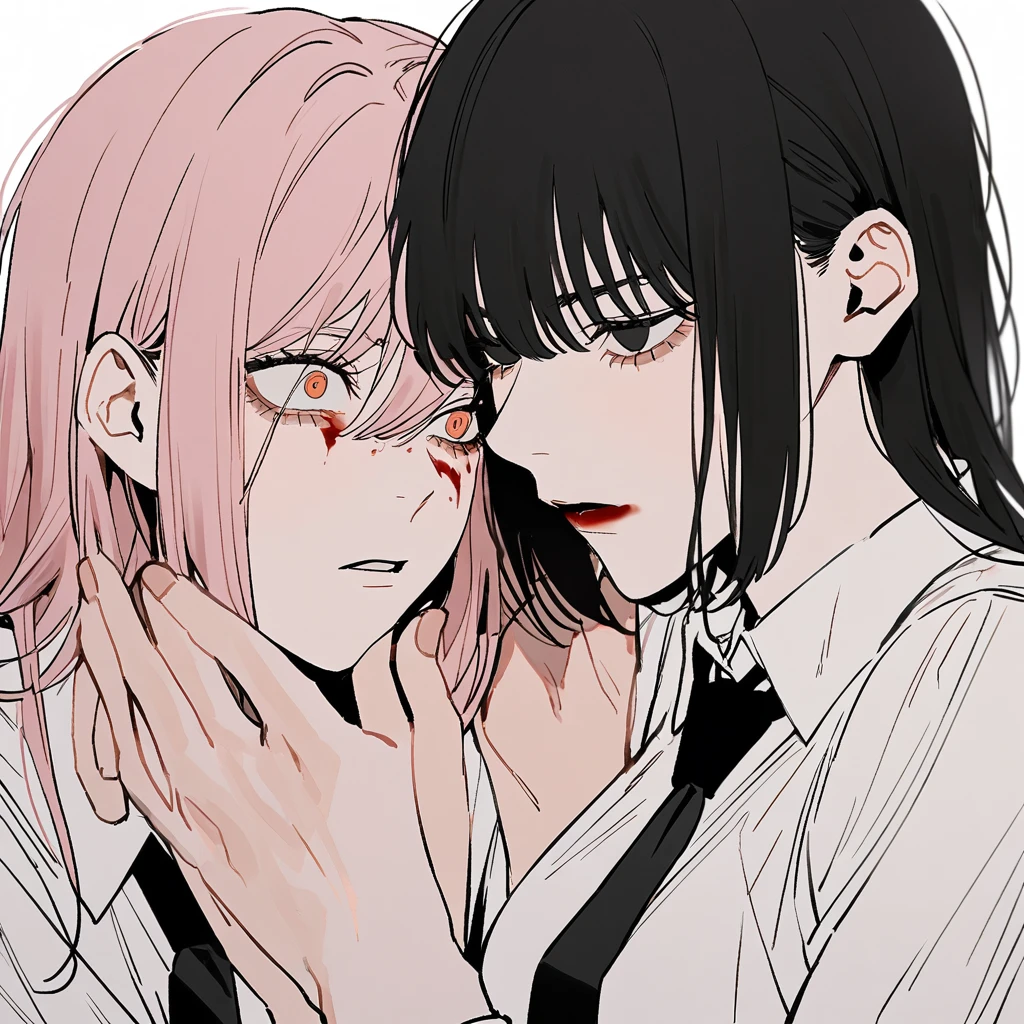 1 older woman with long, light pink hair,1 younger boy with short black hair,she is holding his head with both hands,(bloodstains),eye to eye,both with a white blouse and a black tie, White background, estilo chainsaw man