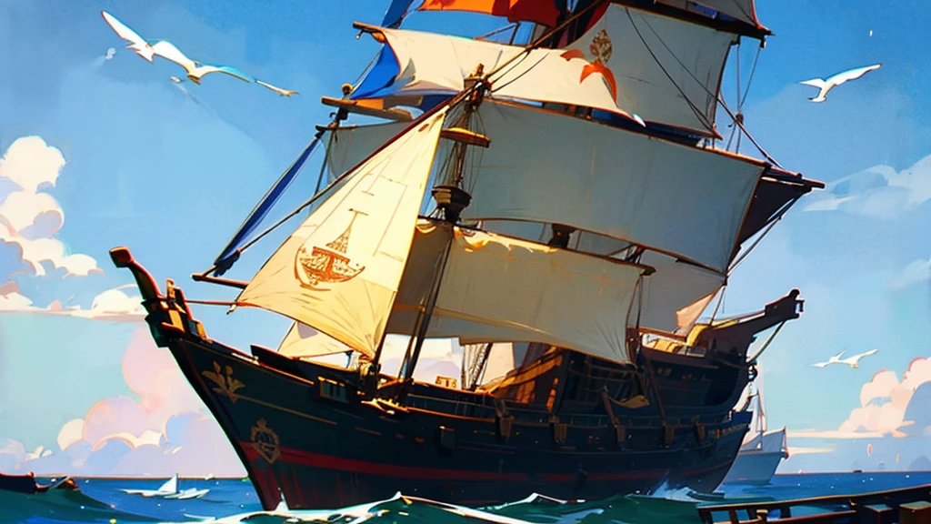 old ship, Medieval ship, Galeon, Sailing ship, open sea, clear sky, painting, one ship,