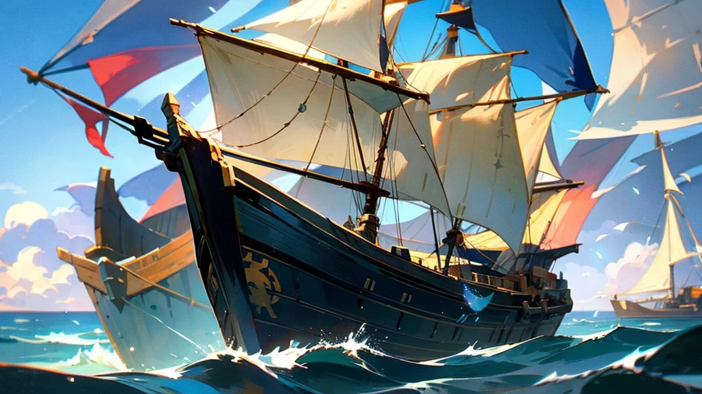 old ship, Medieval ship, Galeon, Sailing ship, open sea, clear sky, painting, one ship,