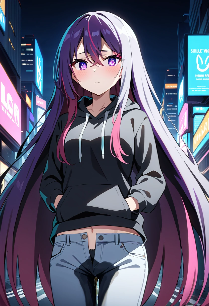 (masterpiece:1.37), best quality, (extremely detailed:1.37), woman, (very long hair:1.5), dark purple hair, purple eyes, (extremely detailed eyes:1.37), hoodie, navel, jeans, open fly, desperation, (wetting: self 3.0), standing, city, futuristic, neon lighting, high-tech