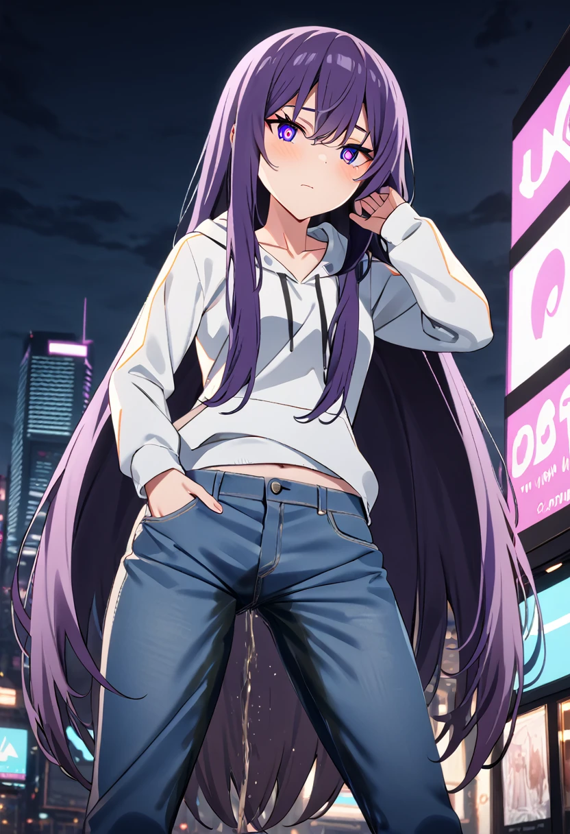 (masterpiece:1.37), best quality, (extremely detailed:1.37), woman, (very long hair:1.5), dark purple hair, purple eyes, (extremely detailed eyes:1.37), hoodie, navel, jeans, open fly, desperation, (wetting: self 3.0), standing, city, futuristic, neon lighting, high-tech