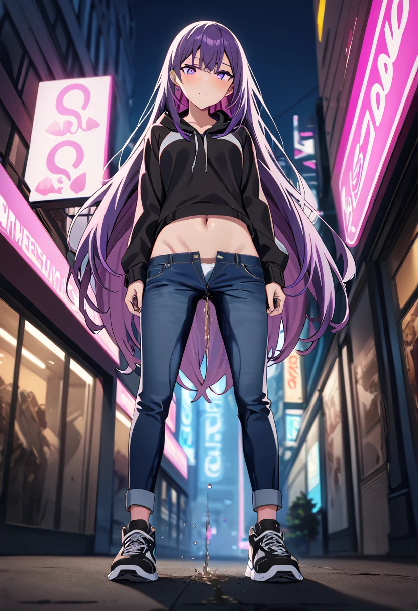 (masterpiece:1.37), best quality, (extremely detailed:1.37), woman, (very long hair:1.5), dark purple hair, purple eyes, (extremely detailed eyes:1.37), hoodie, navel, jeans, open fly, desperation, (wetting: self 3.0), standing, city, futuristic, neon lighting, high-tech