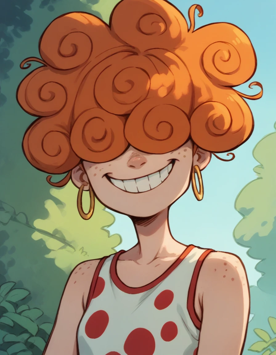 leekanker, hair hair over eyes, orange hair, 1girl, hoop earrings, polka dot clothing, solo,tank top,smile,grin, freckles, curly hair, upper body,outdoors, score_9, score_8_up, score_7_up, score_6_up