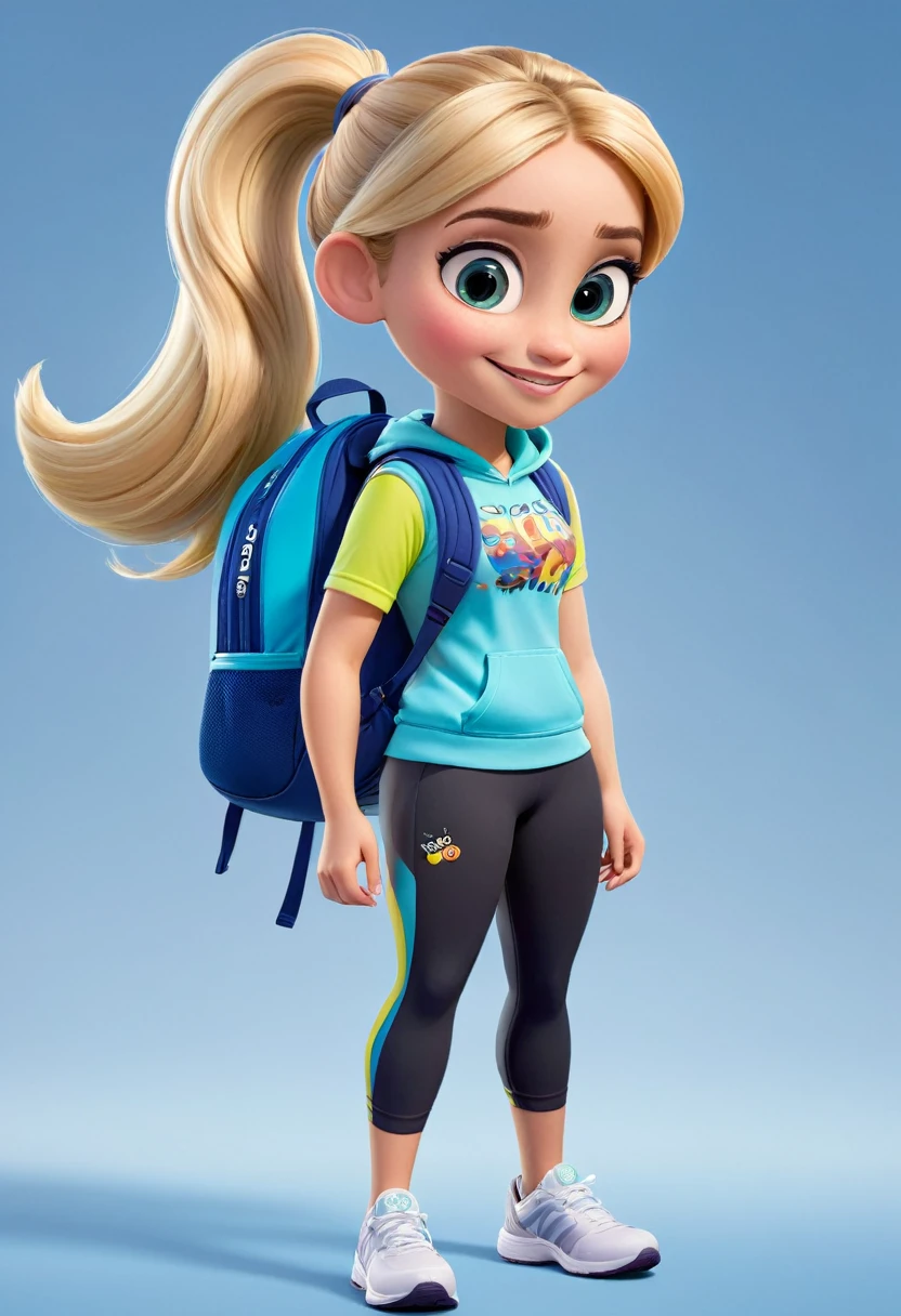 "Create a female character in the Disney Pixar style for a store called Estilo Épico. She must be a short, sporty girl of about ************ with blonde hair tied in a ponytail, big eyes and a captivating smile. She wears sports leggings with a modern design and has a backpack next to it with 'Epic Style' written in captivating colors. The character should appear friendly and full of energy.