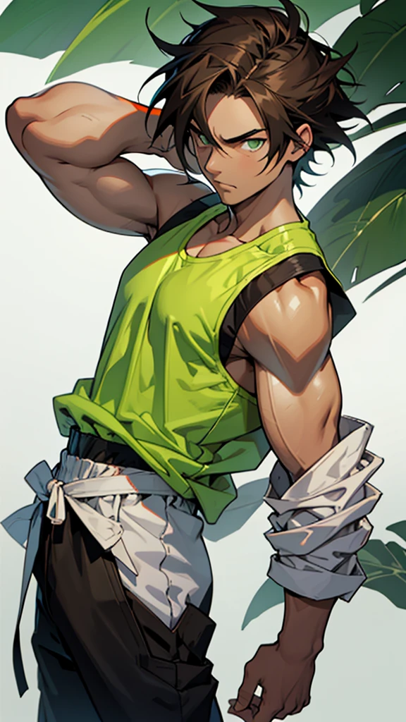 16 year old boy, 1.60 cm tall, dark green eyes, long dark brown hair, slim and muscular ,wind breaker style and long face, fighter
Anime, dressed in a white tank top and long black trousers