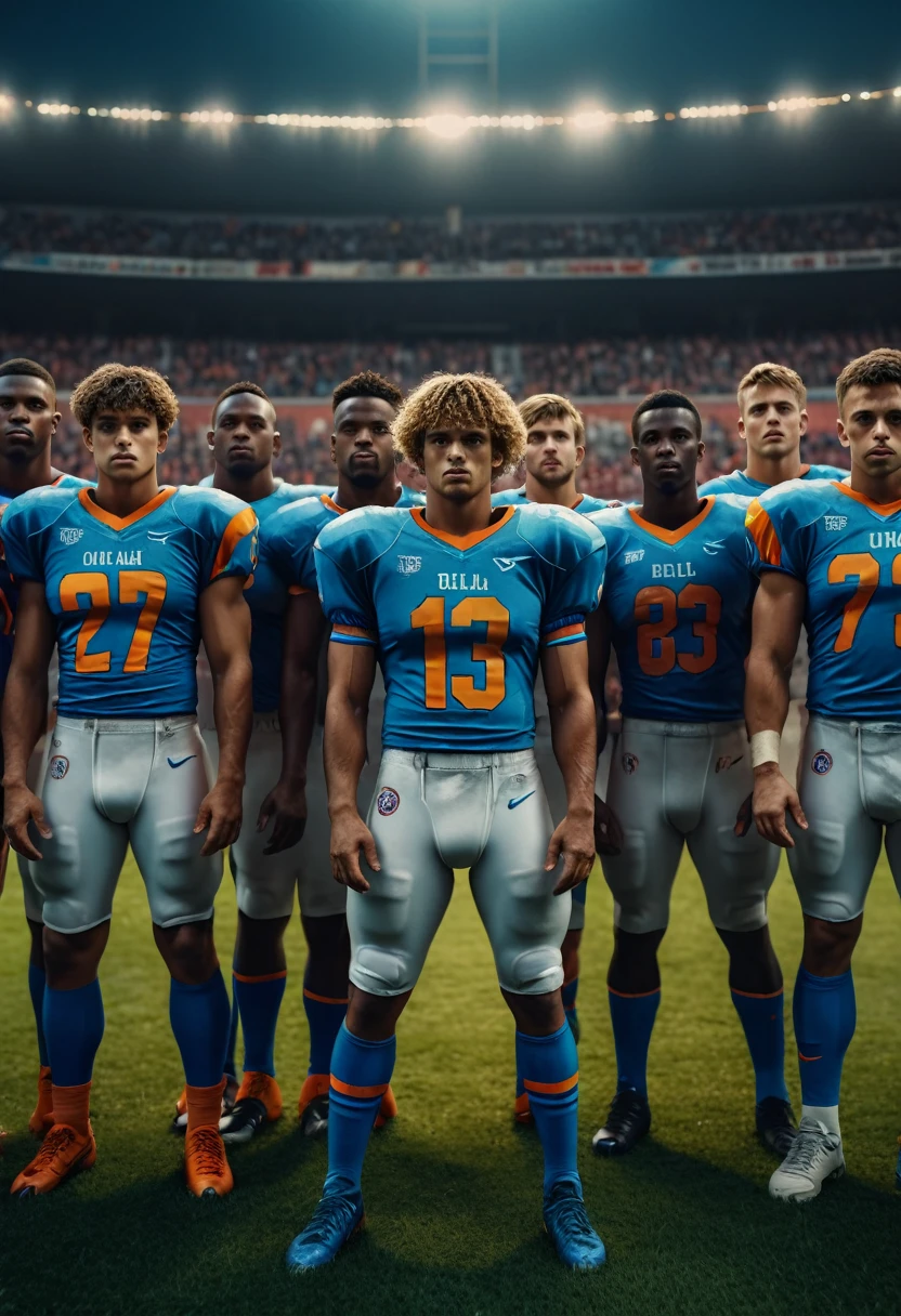 Athlete dressed, football Team, group photo, full body, cinematic still, cinemascope, best quality, masterpiece, very aesthetic, perfect composition, intricate details, ultra-detailed, vivid colors
