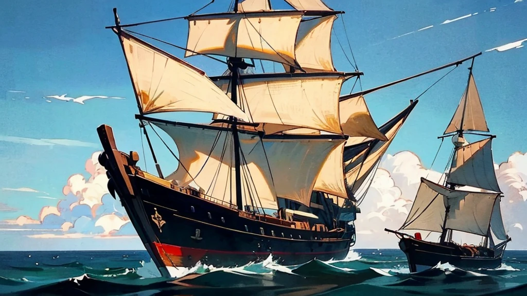 old ship, Medieval ship, Galeon, Sailing ship, open sea, clear sky, painting, one ship,