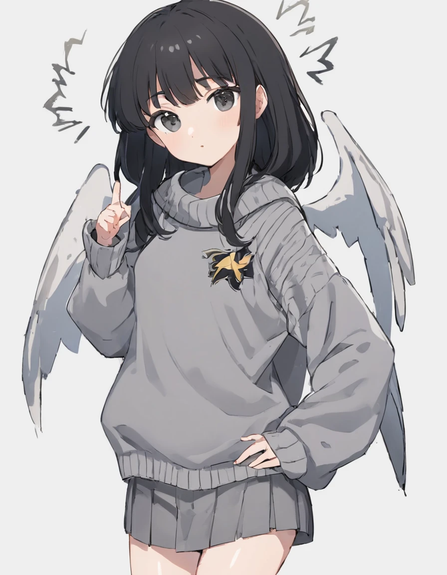 (score_9, score_8_up, score_7_up), 1girl, VirtuosaBase, cute, (chibi:0.7), black hair, blunt bangs, long hair, broken halo, energy wings, black eyes, mole under right eye, small breasts, virgin killer sweater, detached sleeves, gray sweater, single hand victory pose, hand on hip, leaning forward, looking at viewer, upper body, zoom out, white background,
