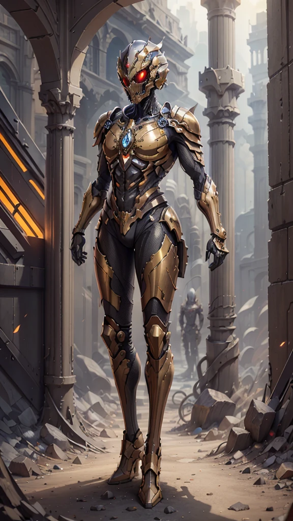 High resolution, golden black red armor, psychedelic details, chaos details, high tech design, show full body portrait , chrome, mushroom, skeleton