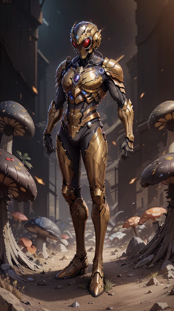 High resolution, golden black red armor, psychedelic details, chaos details, high tech design, show full body portrait , chrome, mushroom, skeleton