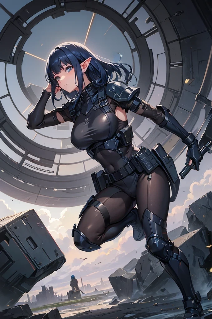 Create a high-quality image featuring an elf girl with dark navy blue hair and straight-cut bangs. She is a member of a special forces police unit, holding an assault rifle. The background should feature a city inside a dome, with a black armored vehicle beside her. The image should be in a vertical aspect ratio.