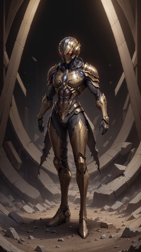 High resolution, golden black red armor, psychedelic details, chaos details, high tech design, show full body portrait , chrome, mushroom, skeleton