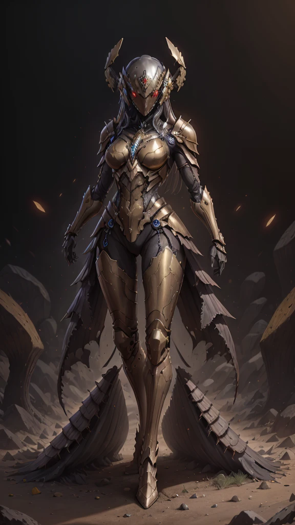 High resolution, golden black red armor, psychedelic details, chaos details, high tech design, show full body portrait , chrome, mushroom, skeleton