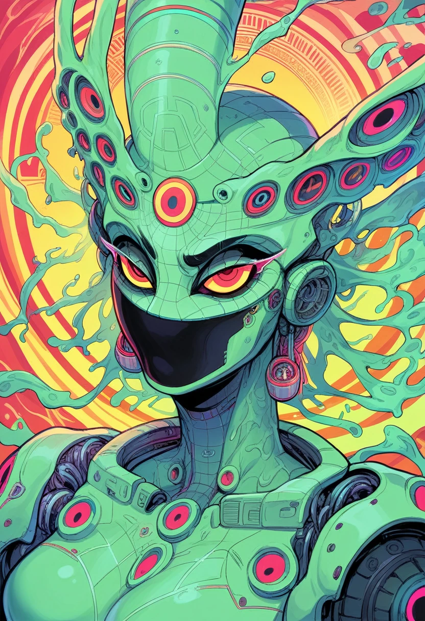 photo of the front of the metallic face melting and dripping dark images psychedelic images of geometric beings, intergalactic, magic, technology, Aztec Mayans, optical illusion geometry, mystical beings. cover for psytrance album lsd,dmt,machine elfos