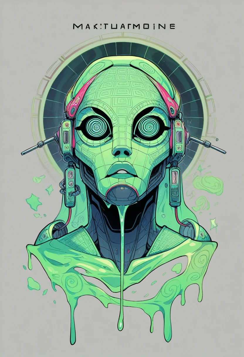 photo of the front of the metallic face melting and dripping dark images psychedelic images of geometric beings, intergalactic, magic, technology, Aztec Mayans, optical illusion geometry, mystical beings. cover for psytrance album ???,dmt,machine elfos
