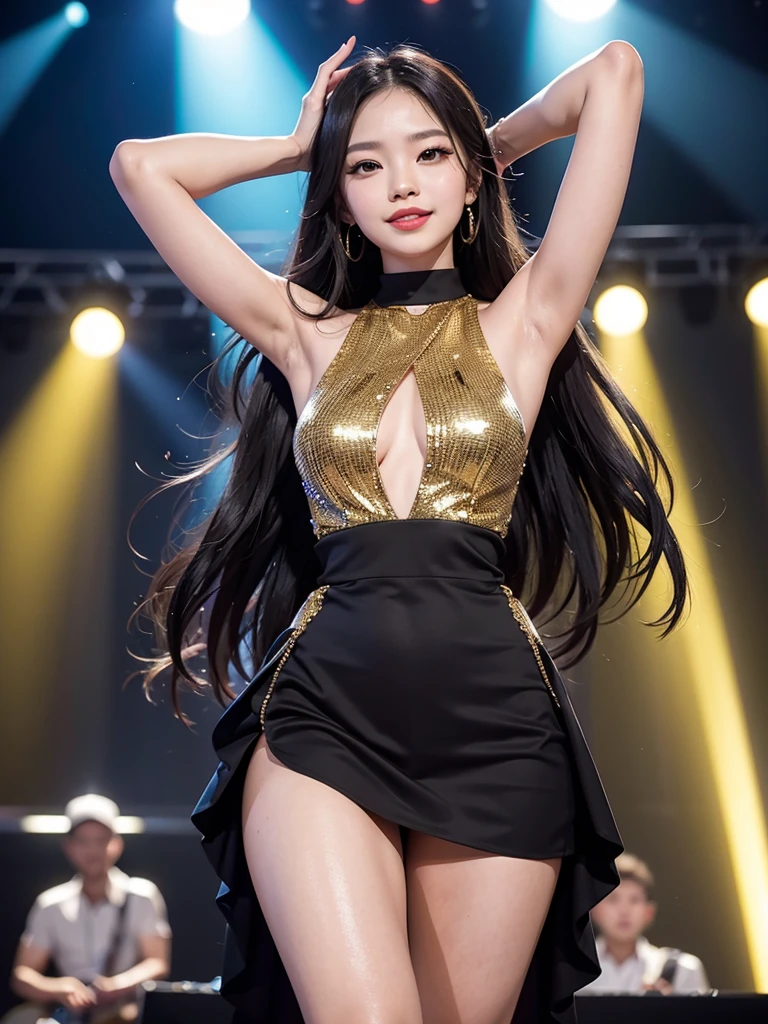 Jennie Kim dominates the circular center stage, bathed in vibrant lights. The crowd roars in applause as she begins her performance of "Shut Down". Jennie wears a glittering black and gold ensemble, inspired by the aesthetics of music. Jennie executes each movement with precision and fluidity, Transmitting confidence and charisma. Her full lips curve into a radiant smile as she sings to her fans. Her eyes shine with love and gratitude as she interacts with the crowd.. Emphasize Jennie&#39;s facial expressions, Conveying your confidence, love and happiness. Capture Jennie&#39;s natural beauty, including your full lips and radiant smile. Show the connection between Jennie and her fans, creating an exciting and contagious atmosphere. You can include other Blackpink members in the background, supporting Jennie and intensifying the energy of the scene. Add dynamic visual effects, like confetti or explosions of light, to increase performance impact. Use vibrant, contrasting colors to create an attractive and memorable visual aesthetic.