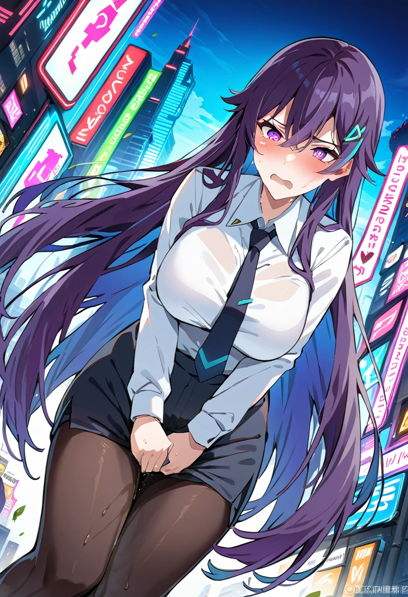 (masterpiece:1.37), best quality, (extremely detailed:1.37), woman, adult, mature, large breasts, (very long hair:1.5), dark purple hair, purple eyes, (extremely detailed eyes:1.37), business suit, necktie, long pencil skirt, pantyhose, (desperation:2.0), (wetting: self 3.0), standing, embarrassed, humiliation, blushing, angry, city, futuristic, neon lighting, high-tech
